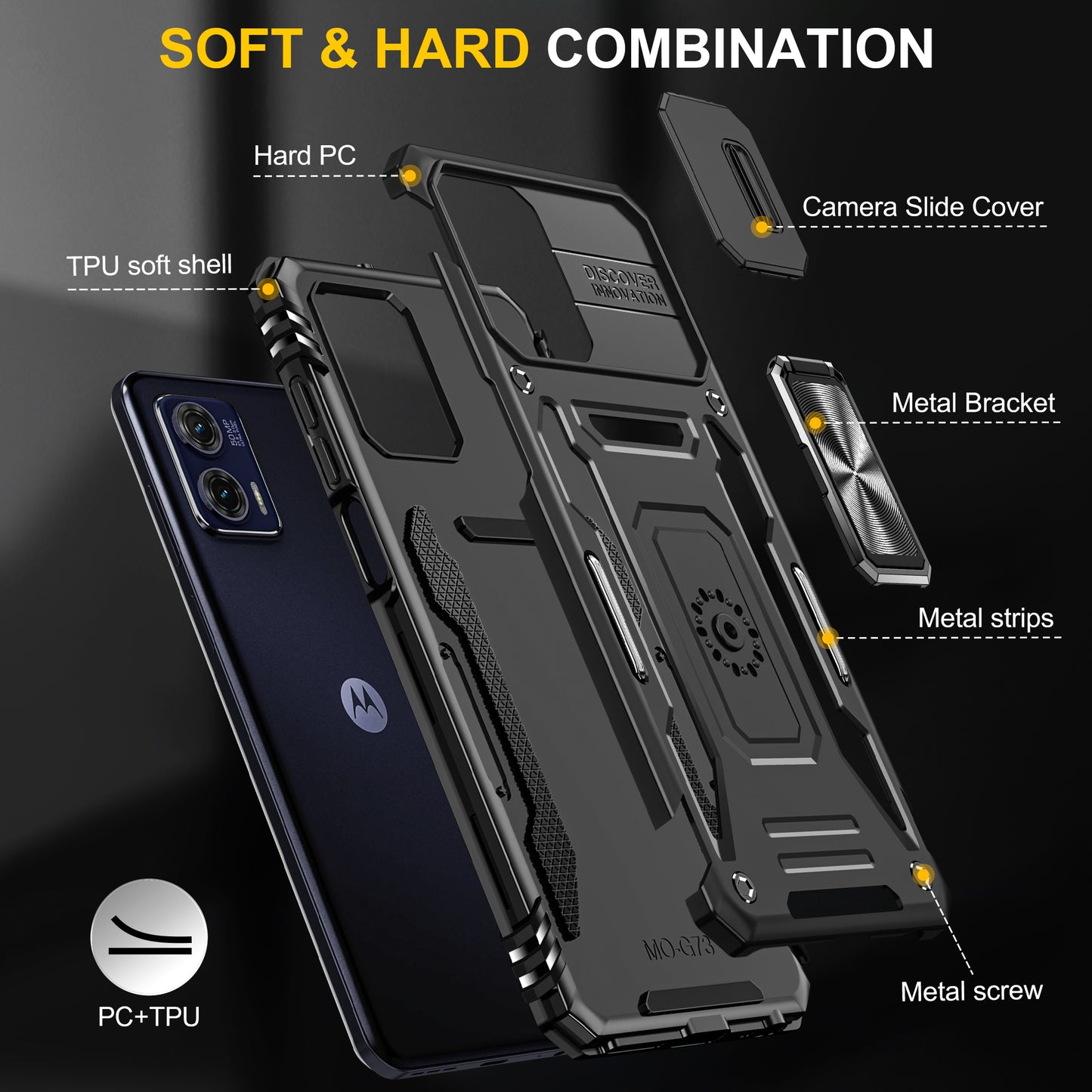 For Motorola Moto G73 5G Armor Series PC + TPU Phone Case Kickstand Shell with Slide Camera Protector Cover