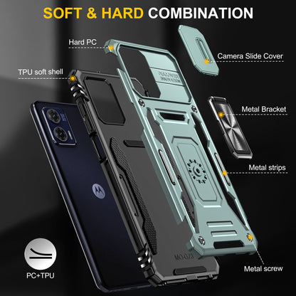 For Motorola Moto G73 5G Armor Series PC + TPU Phone Case Kickstand Shell with Slide Camera Protector Cover
