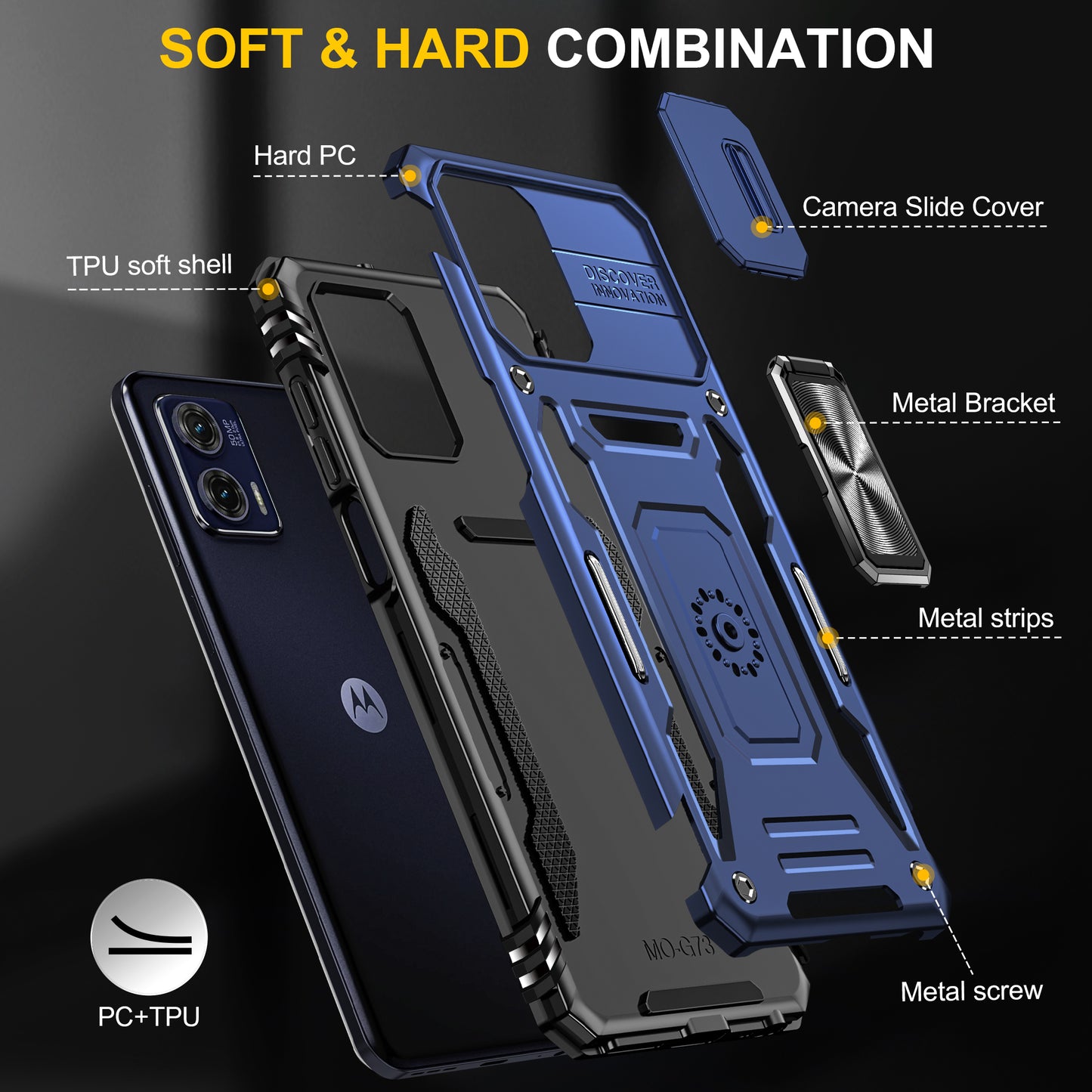 For Motorola Moto G73 5G Armor Series PC + TPU Phone Case Kickstand Shell with Slide Camera Protector Cover