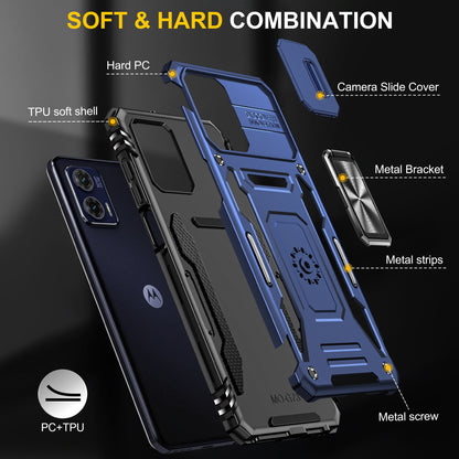 For Motorola Moto G73 5G Armor Series PC + TPU Phone Case Kickstand Shell with Slide Camera Protector Cover