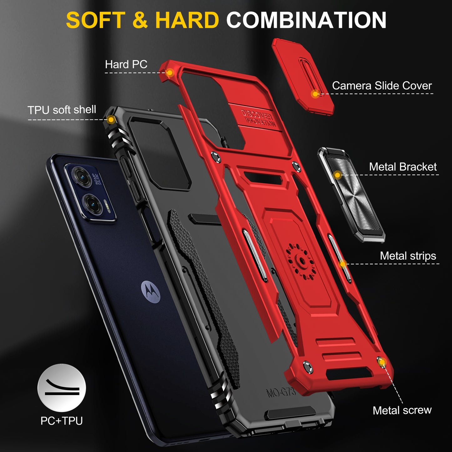 For Motorola Moto G73 5G Armor Series PC + TPU Phone Case Kickstand Shell with Slide Camera Protector Cover