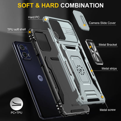 For Motorola Moto G73 5G Armor Series PC + TPU Phone Case Kickstand Shell with Slide Camera Protector Cover
