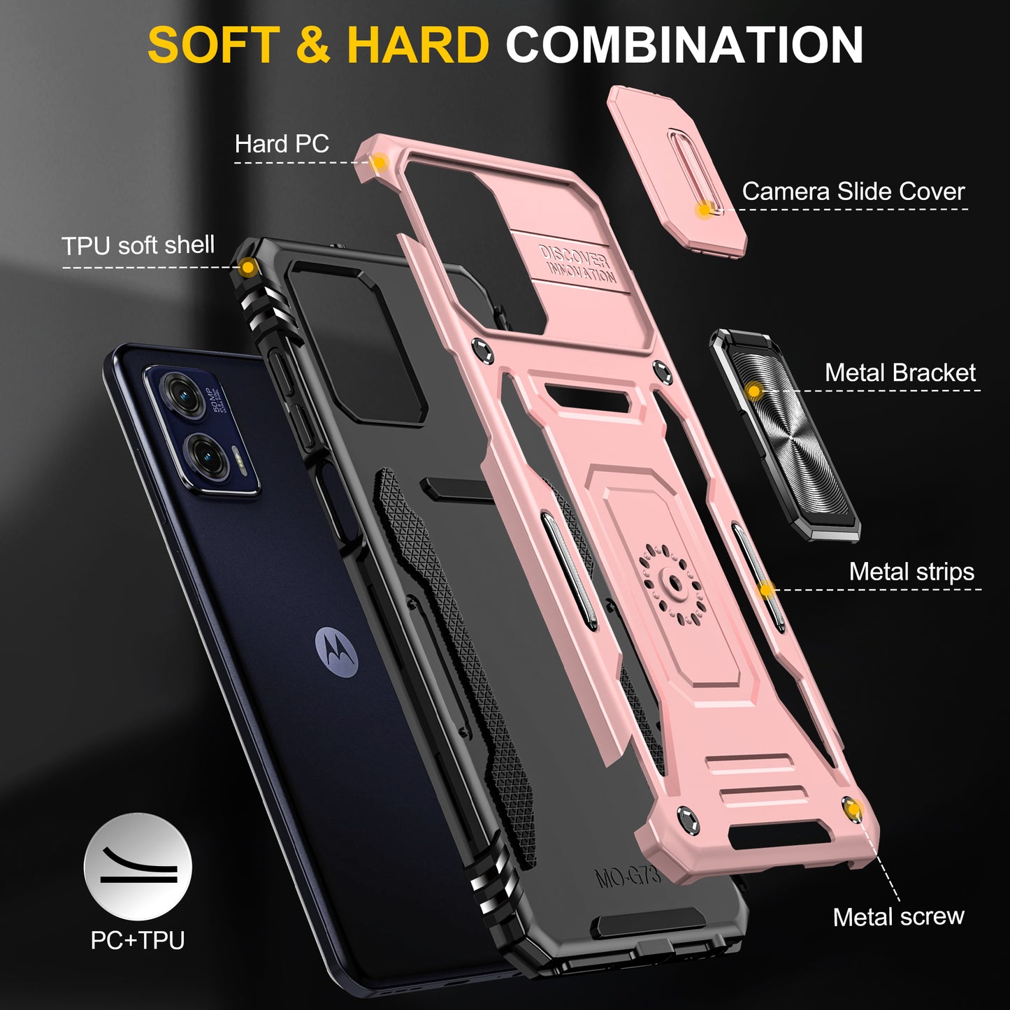 For Motorola Moto G73 5G Armor Series PC + TPU Phone Case Kickstand Shell with Slide Camera Protector Cover