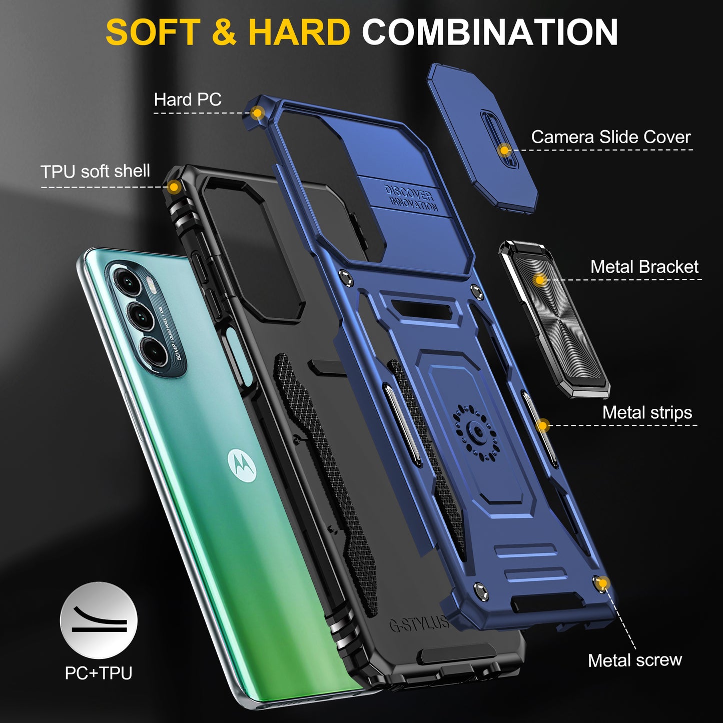For Motorola Moto G Stylus 4G (2022) Armor Series Drop-proof PC + TPU Phone Case Kickstand Back Cover with Slide Camera Lid