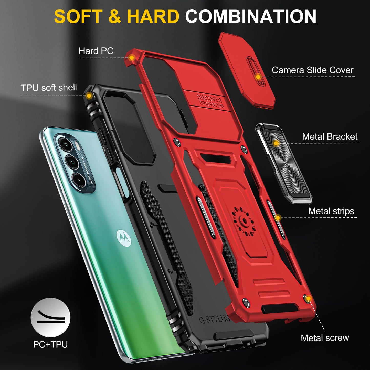 For Motorola Moto G Stylus 4G (2022) Armor Series Drop-proof PC + TPU Phone Case Kickstand Back Cover with Slide Camera Lid