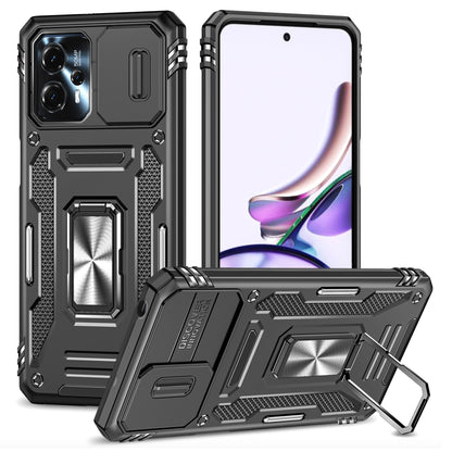 For Motorola Moto G13 4G Armor Series PC + TPU Shockproof Phone Case Ring Kickstand Cover with Slide Camera Lid
