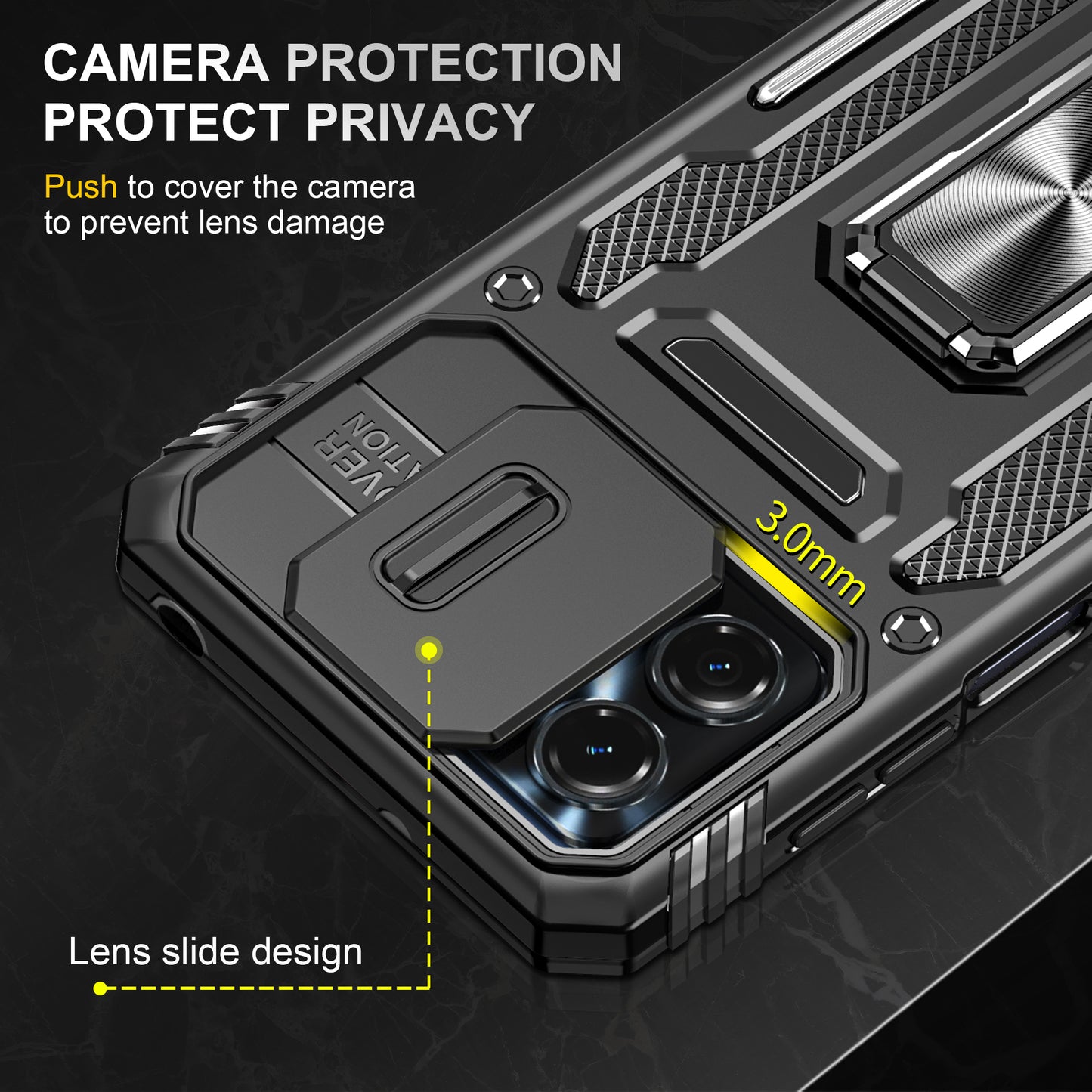 For Motorola Moto G13 4G Armor Series PC + TPU Shockproof Phone Case Ring Kickstand Cover with Slide Camera Lid