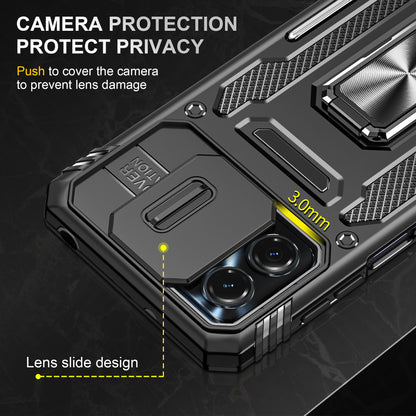For Motorola Moto G13 4G Armor Series PC + TPU Shockproof Phone Case Ring Kickstand Cover with Slide Camera Lid
