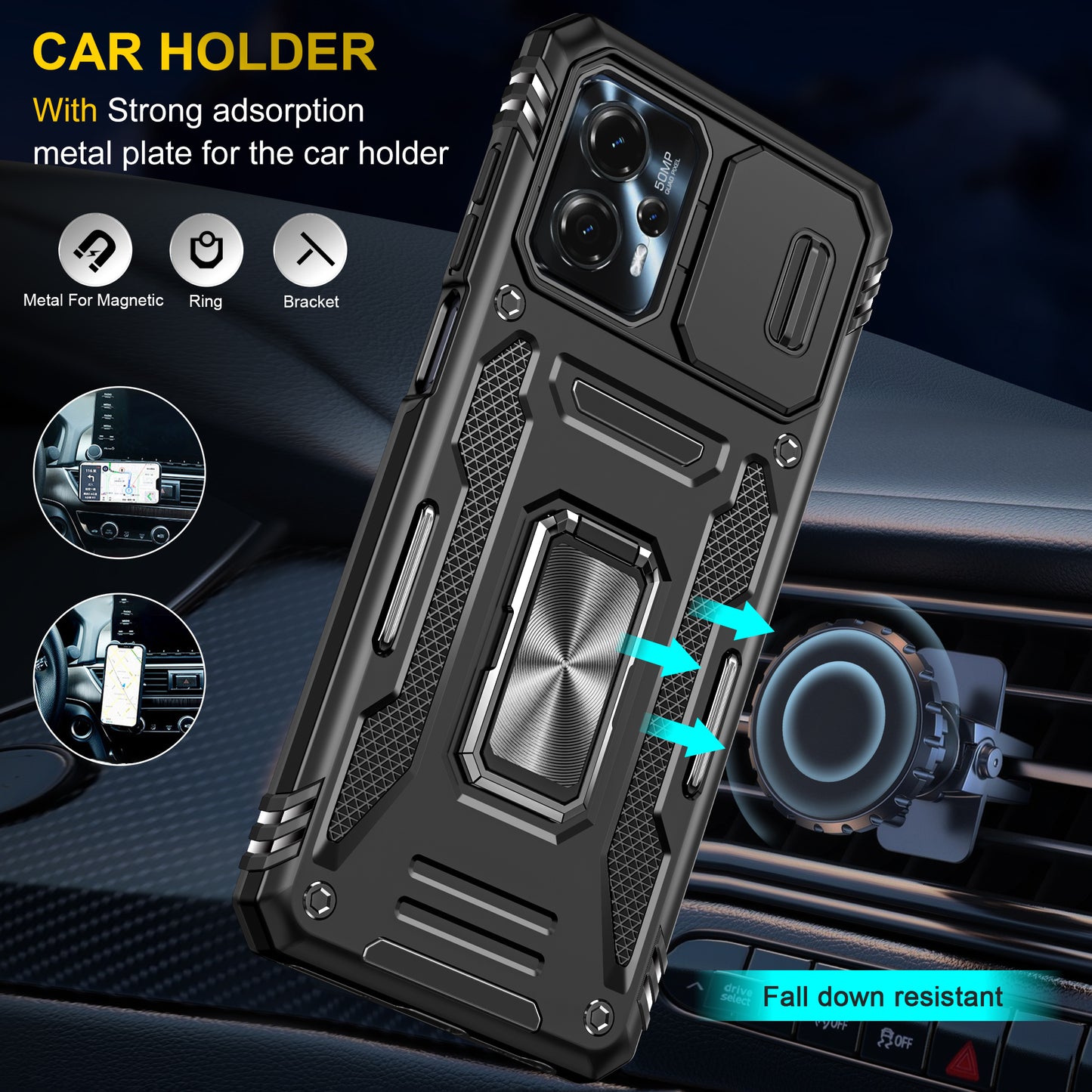 For Motorola Moto G13 4G Armor Series PC + TPU Shockproof Phone Case Ring Kickstand Cover with Slide Camera Lid