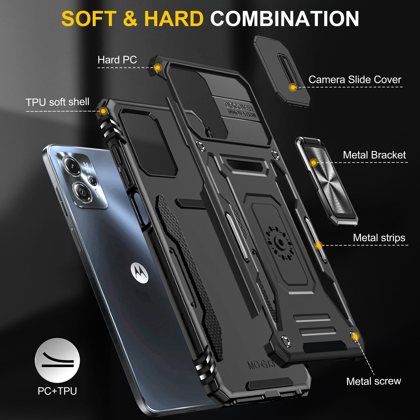 For Motorola Moto G13 4G Armor Series PC + TPU Shockproof Phone Case Ring Kickstand Cover with Slide Camera Lid