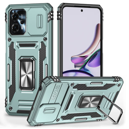 For Motorola Moto G13 4G Armor Series PC + TPU Shockproof Phone Case Ring Kickstand Cover with Slide Camera Lid