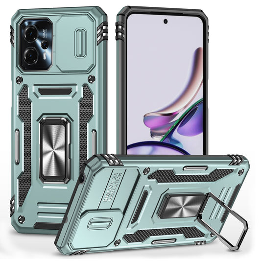 For Motorola Moto G13 4G Armor Series PC + TPU Shockproof Phone Case Ring Kickstand Cover with Slide Camera Lid
