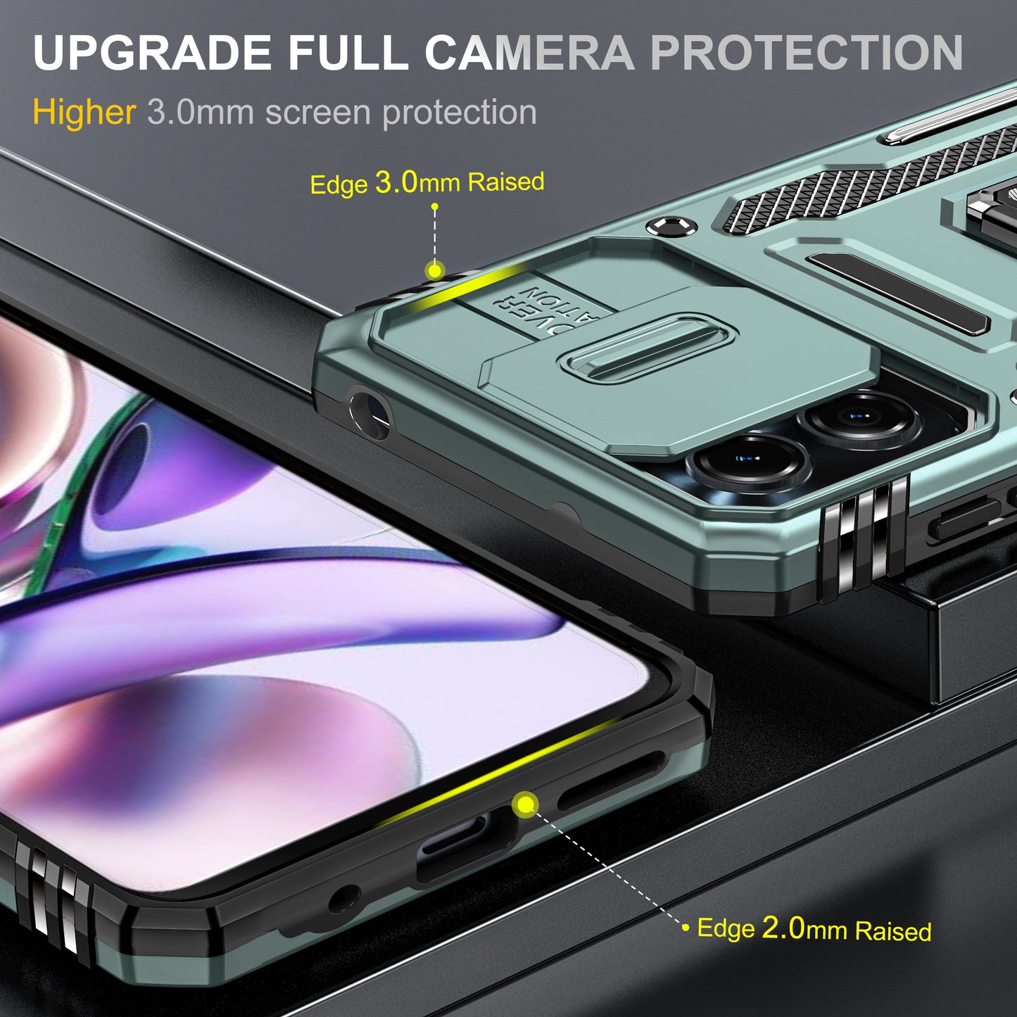 For Motorola Moto G13 4G Armor Series PC + TPU Shockproof Phone Case Ring Kickstand Cover with Slide Camera Lid