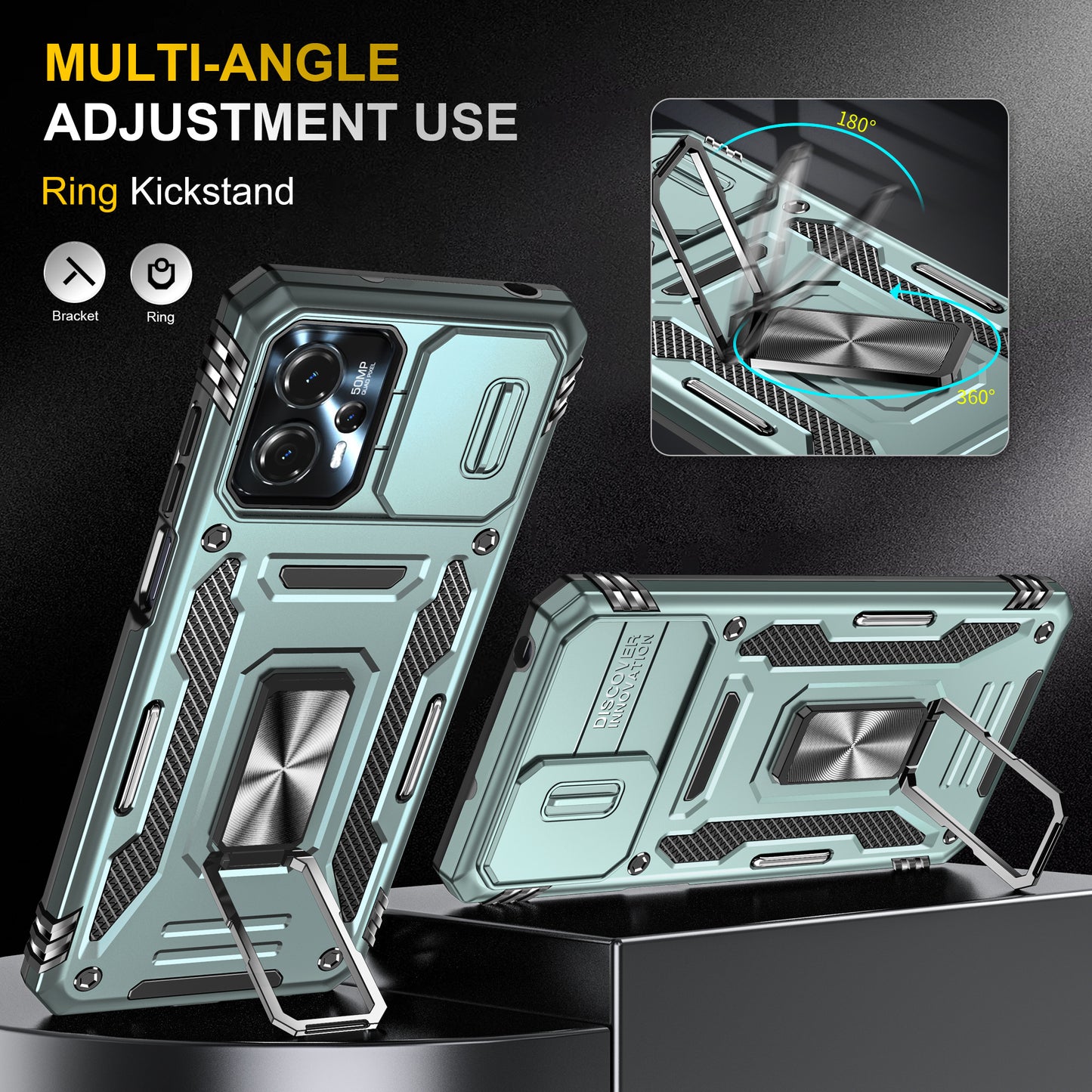 For Motorola Moto G13 4G Armor Series PC + TPU Shockproof Phone Case Ring Kickstand Cover with Slide Camera Lid