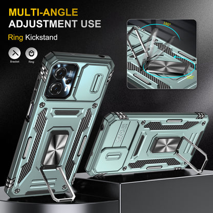 For Motorola Moto G13 4G Armor Series PC + TPU Shockproof Phone Case Ring Kickstand Cover with Slide Camera Lid