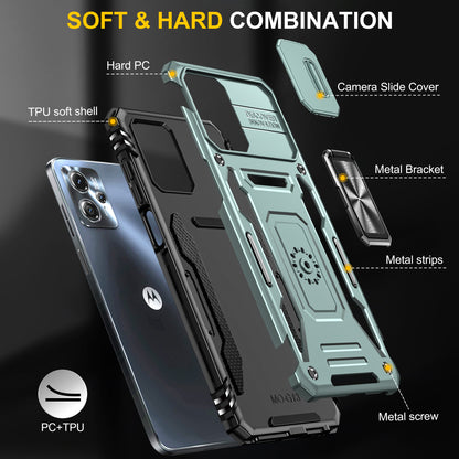 For Motorola Moto G13 4G Armor Series PC + TPU Shockproof Phone Case Ring Kickstand Cover with Slide Camera Lid