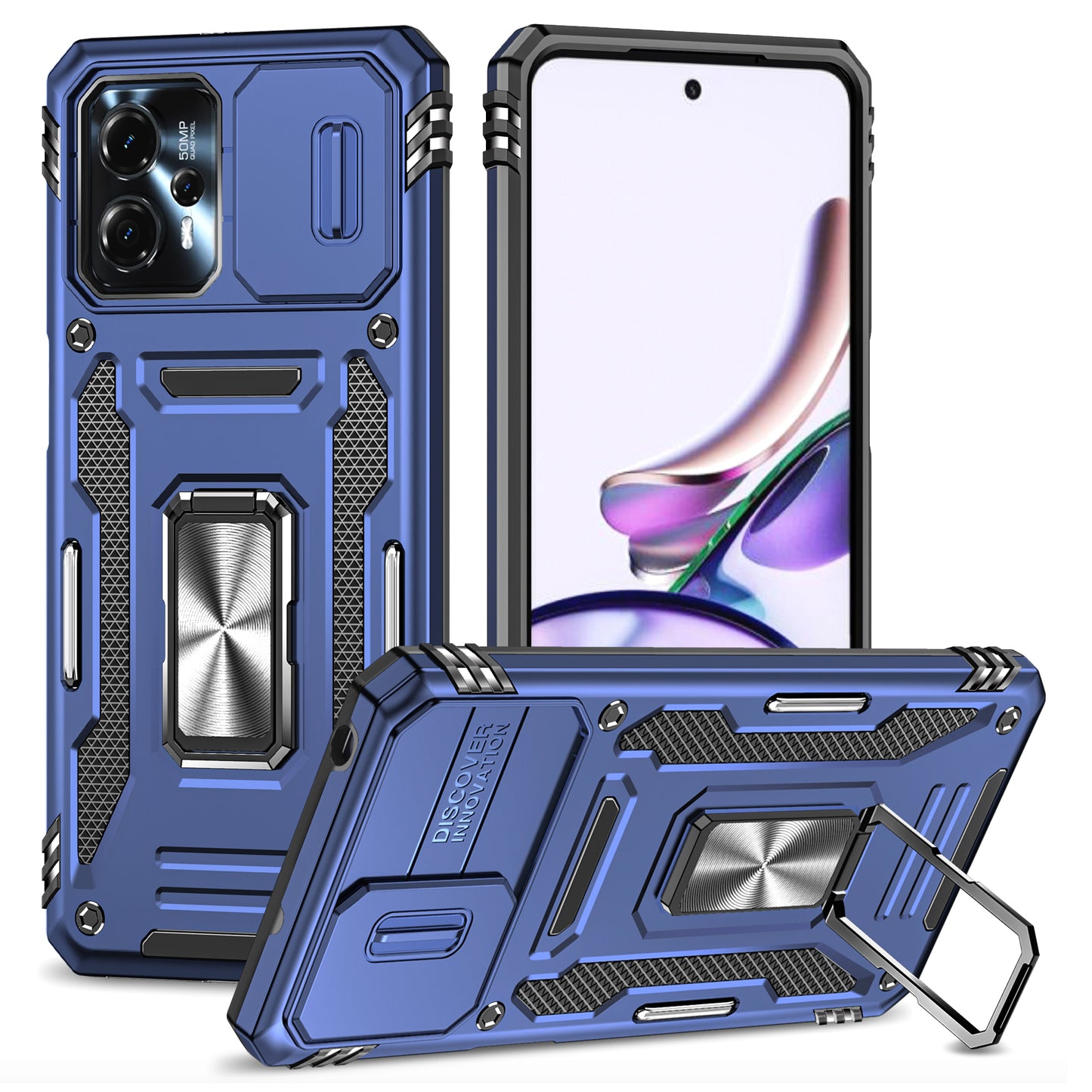 For Motorola Moto G13 4G Armor Series PC + TPU Shockproof Phone Case Ring Kickstand Cover with Slide Camera Lid