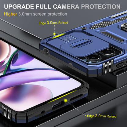 For Motorola Moto G13 4G Armor Series PC + TPU Shockproof Phone Case Ring Kickstand Cover with Slide Camera Lid