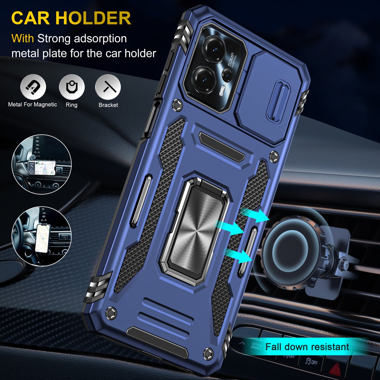 For Motorola Moto G13 4G Armor Series PC + TPU Shockproof Phone Case Ring Kickstand Cover with Slide Camera Lid