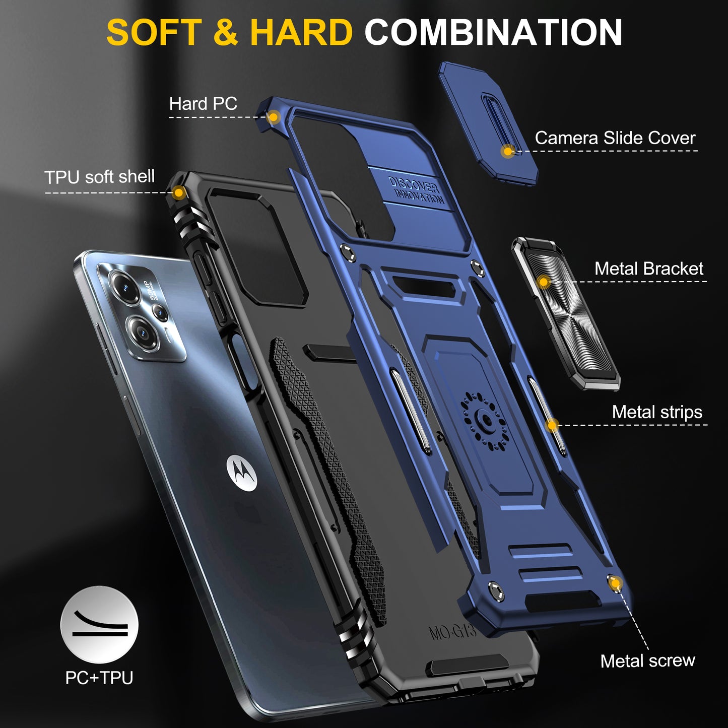 For Motorola Moto G13 4G Armor Series PC + TPU Shockproof Phone Case Ring Kickstand Cover with Slide Camera Lid