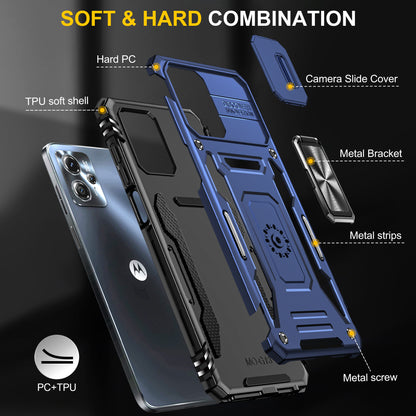 For Motorola Moto G13 4G Armor Series PC + TPU Shockproof Phone Case Ring Kickstand Cover with Slide Camera Lid