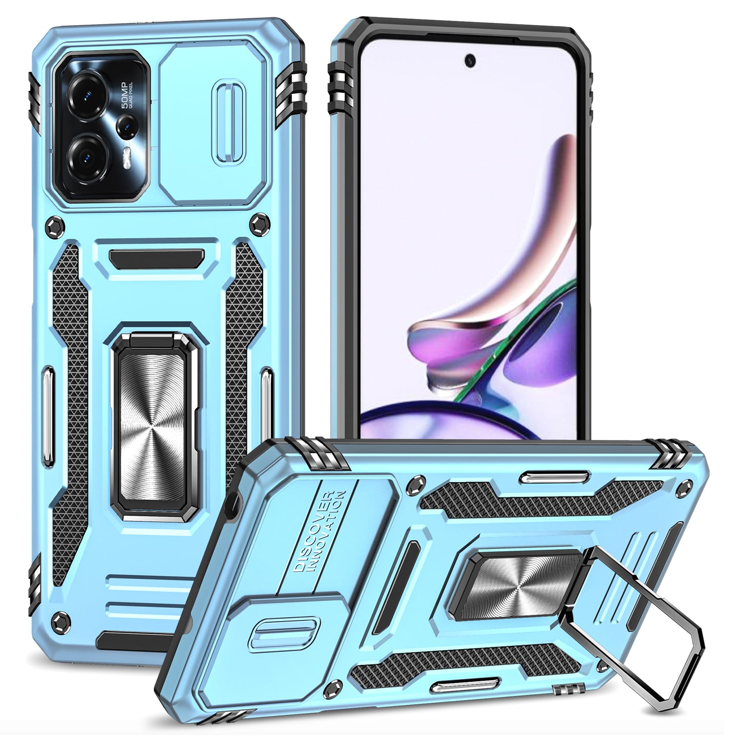 For Motorola Moto G13 4G Armor Series PC + TPU Shockproof Phone Case Ring Kickstand Cover with Slide Camera Lid