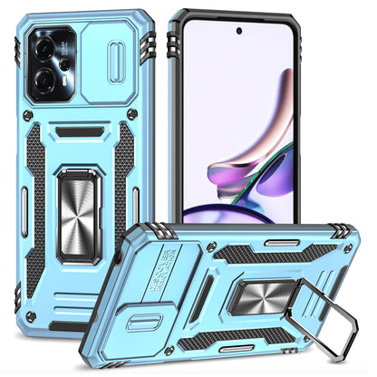 For Motorola Moto G13 4G Armor Series PC + TPU Shockproof Phone Case Ring Kickstand Cover with Slide Camera Lid