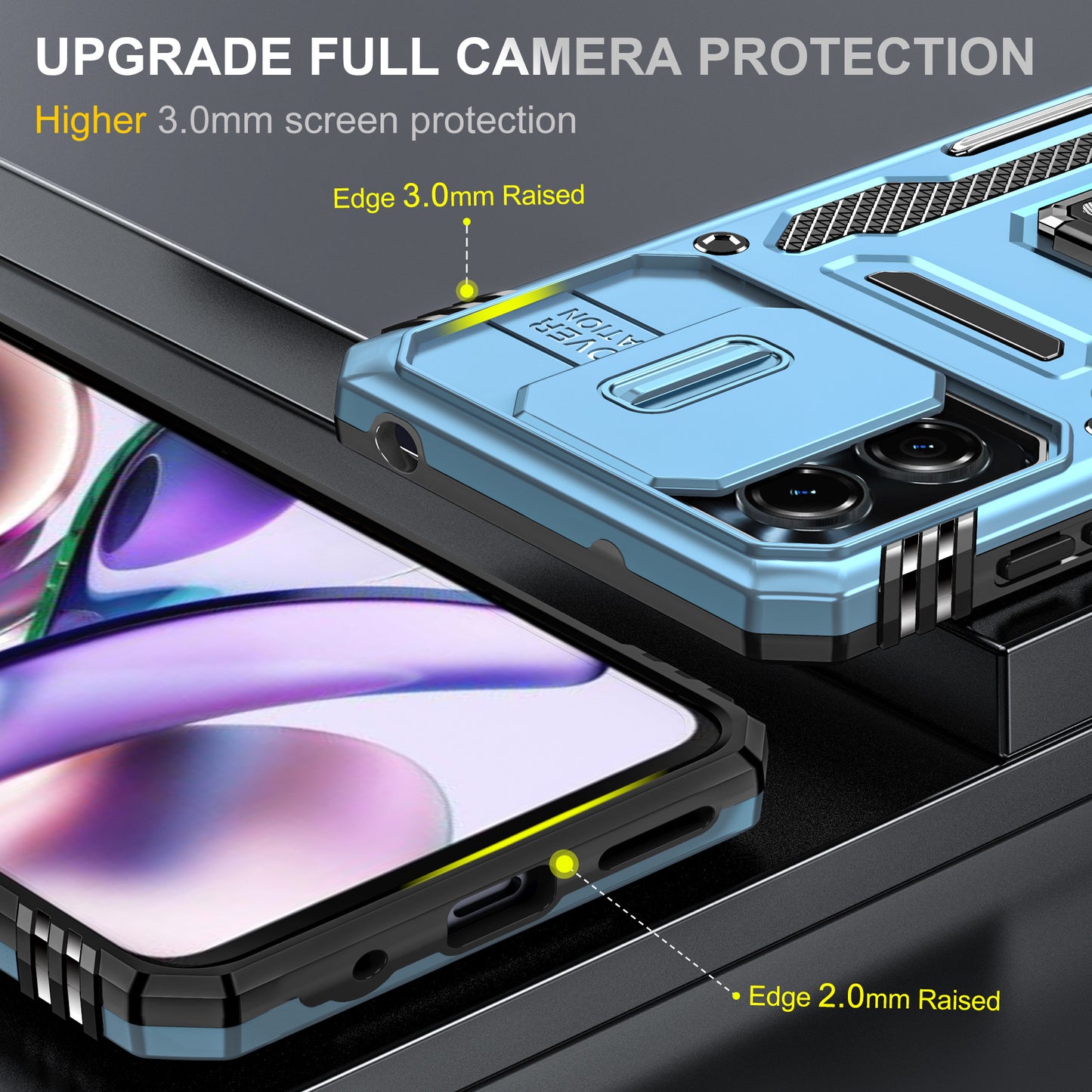 For Motorola Moto G13 4G Armor Series PC + TPU Shockproof Phone Case Ring Kickstand Cover with Slide Camera Lid