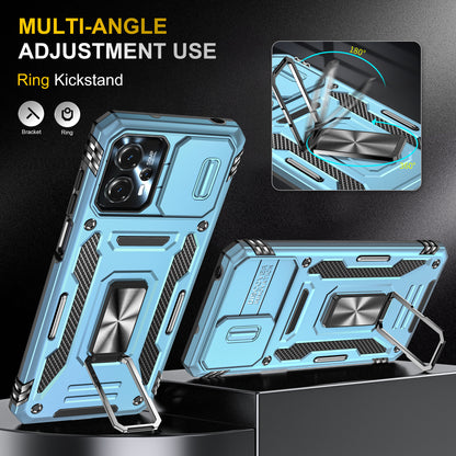 For Motorola Moto G13 4G Armor Series PC + TPU Shockproof Phone Case Ring Kickstand Cover with Slide Camera Lid