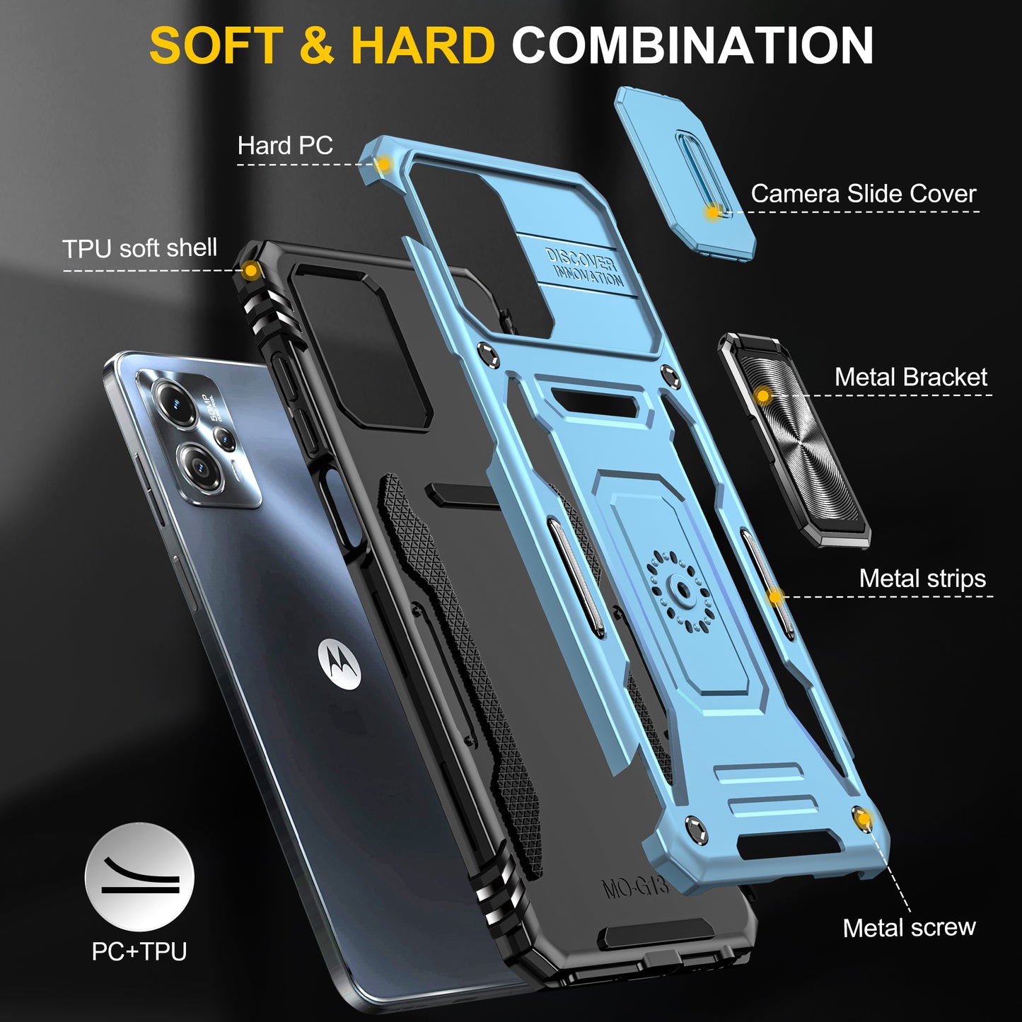 For Motorola Moto G13 4G Armor Series PC + TPU Shockproof Phone Case Ring Kickstand Cover with Slide Camera Lid