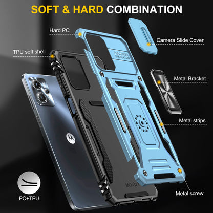 For Motorola Moto G13 4G Armor Series PC + TPU Shockproof Phone Case Ring Kickstand Cover with Slide Camera Lid