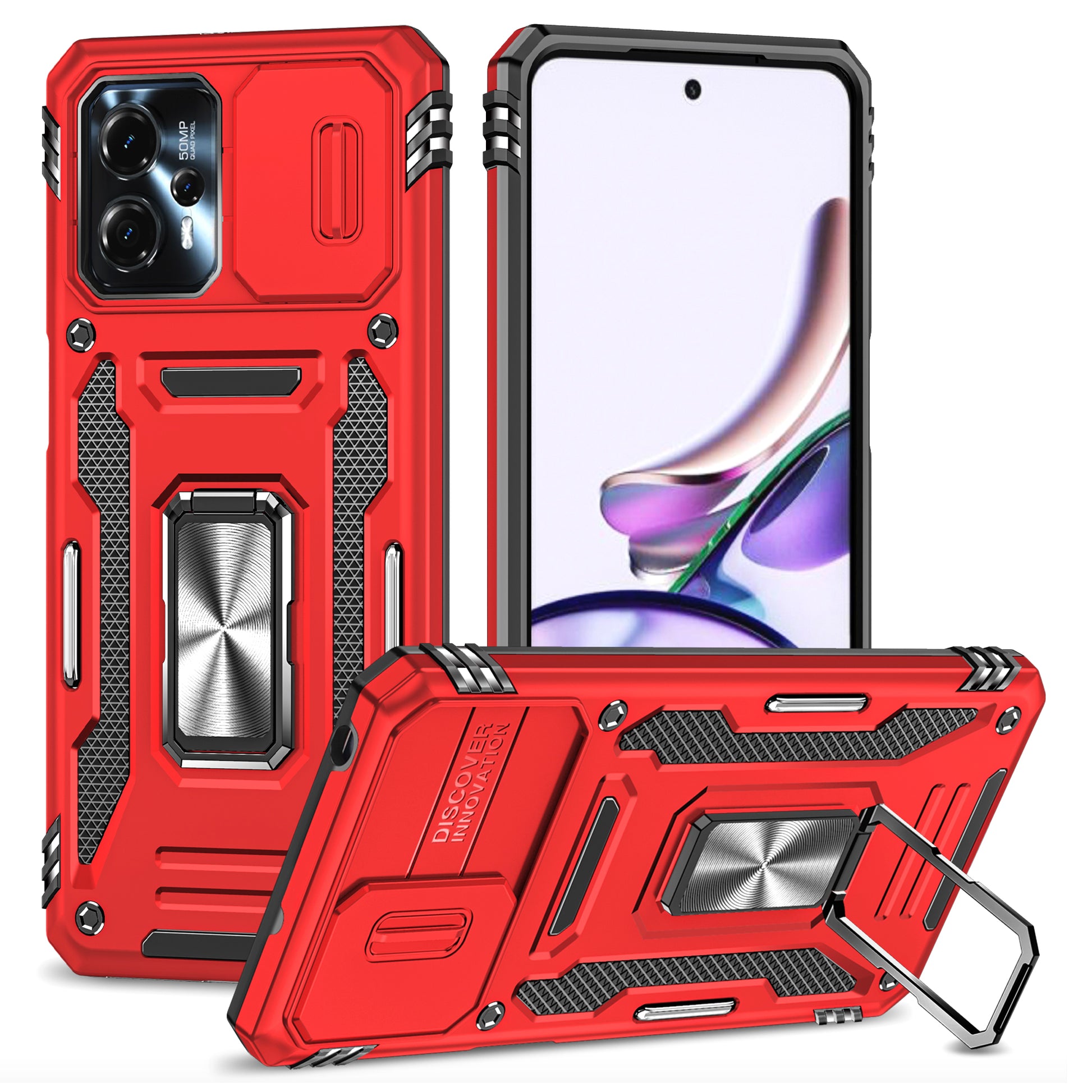 For Motorola Moto G13 4G Armor Series PC + TPU Shockproof Phone Case Ring Kickstand Cover with Slide Camera Lid