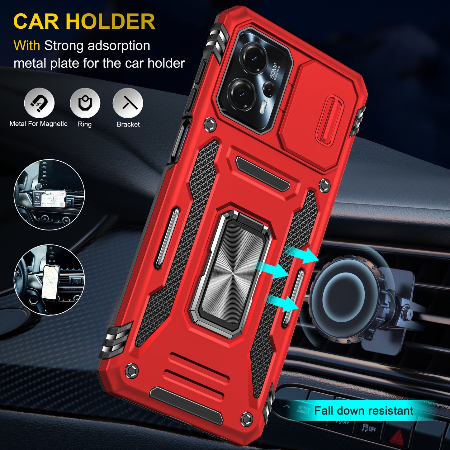 For Motorola Moto G13 4G Armor Series PC + TPU Shockproof Phone Case Ring Kickstand Cover with Slide Camera Lid