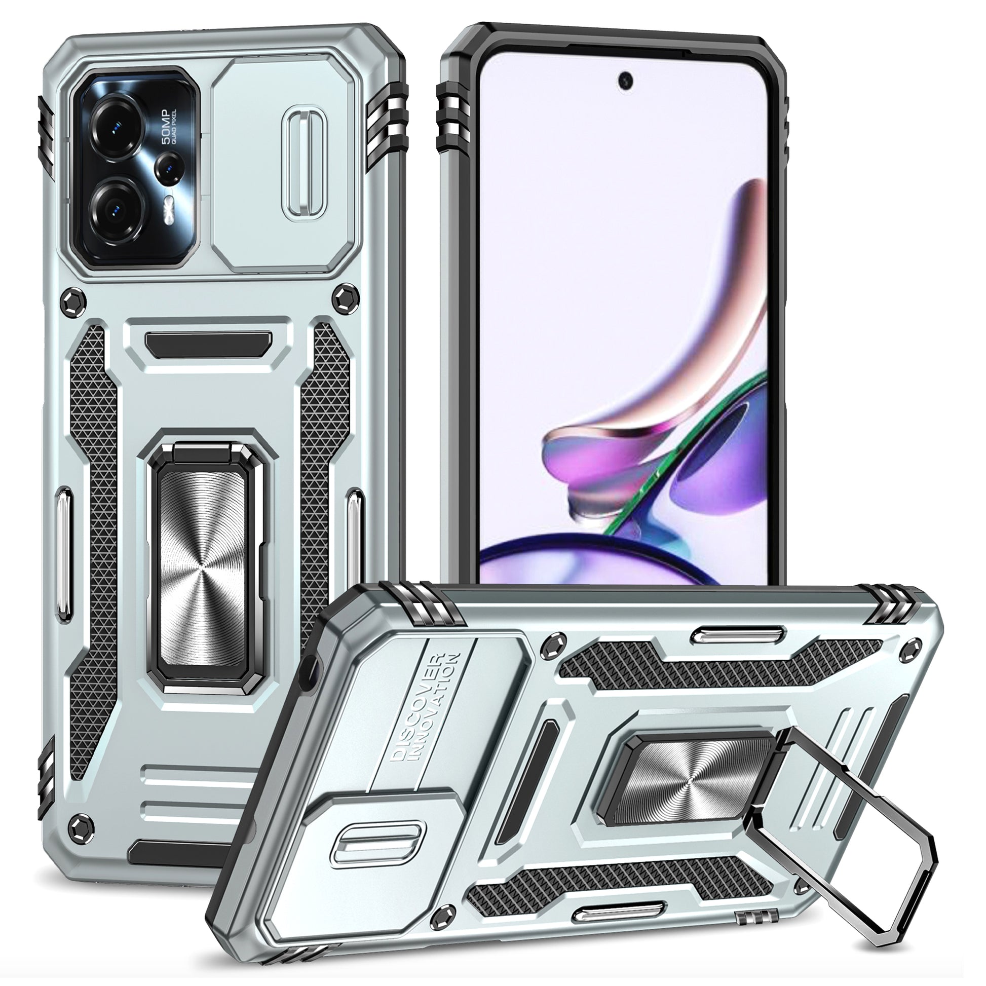 For Motorola Moto G13 4G Armor Series PC + TPU Shockproof Phone Case Ring Kickstand Cover with Slide Camera Lid