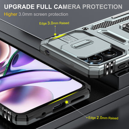 For Motorola Moto G13 4G Armor Series PC + TPU Shockproof Phone Case Ring Kickstand Cover with Slide Camera Lid
