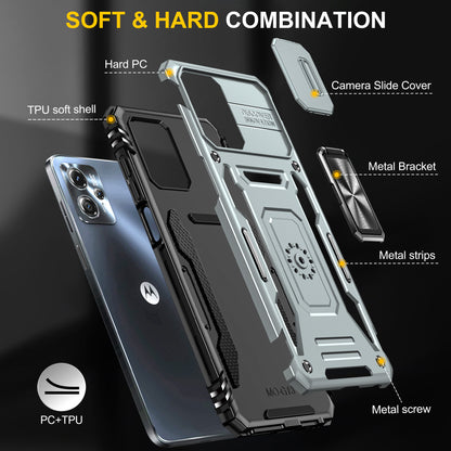 For Motorola Moto G13 4G Armor Series PC + TPU Shockproof Phone Case Ring Kickstand Cover with Slide Camera Lid