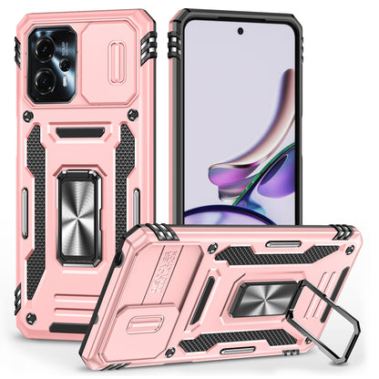 For Motorola Moto G13 4G Armor Series PC + TPU Shockproof Phone Case Ring Kickstand Cover with Slide Camera Lid