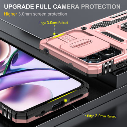 For Motorola Moto G13 4G Armor Series PC + TPU Shockproof Phone Case Ring Kickstand Cover with Slide Camera Lid