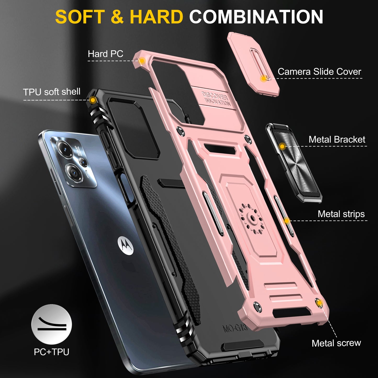 For Motorola Moto G13 4G Armor Series PC + TPU Shockproof Phone Case Ring Kickstand Cover with Slide Camera Lid