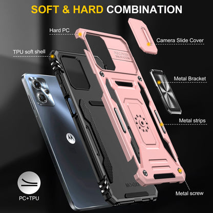 For Motorola Moto G13 4G Armor Series PC + TPU Shockproof Phone Case Ring Kickstand Cover with Slide Camera Lid