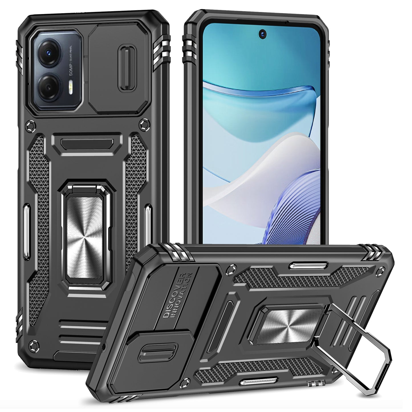 For Motorola Moto G53 5G Armor Series Slide Lens Protection Phone Case PC + TPU Kickstand Cover