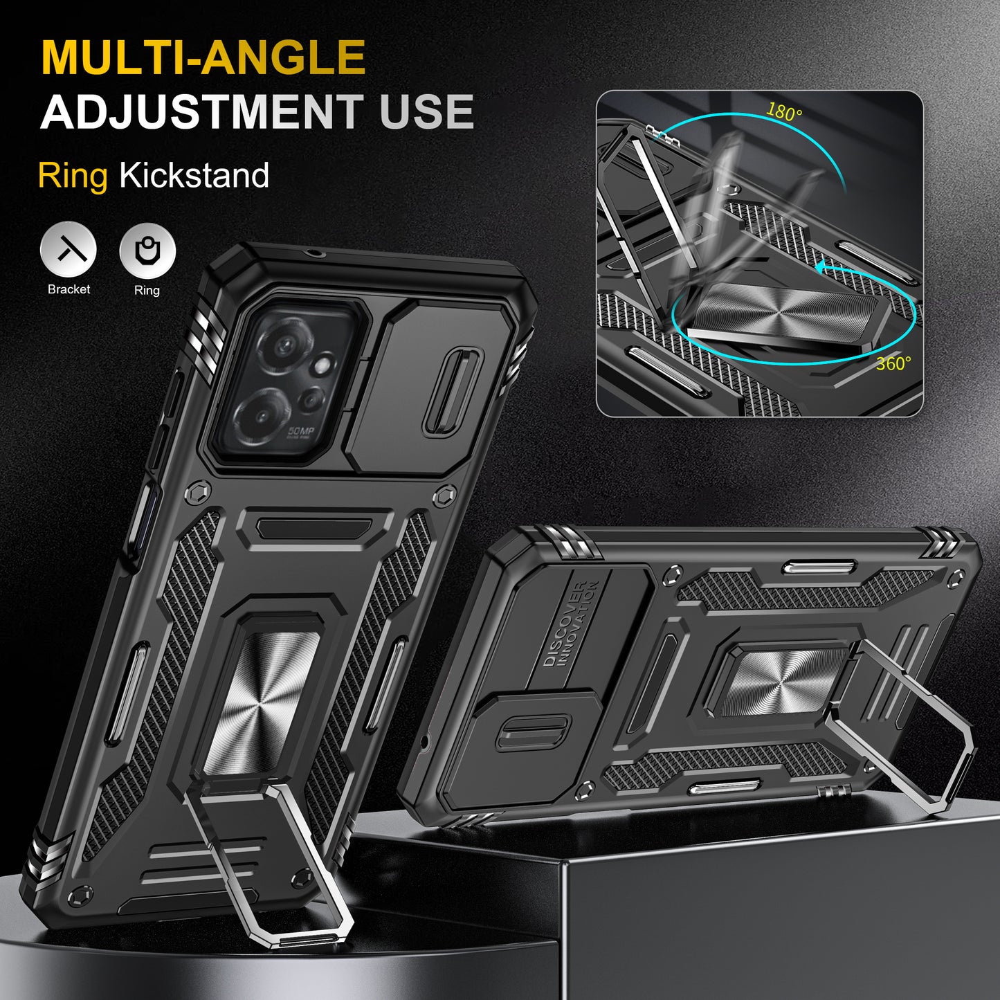 For Motorola Moto G53 5G Armor Series Slide Lens Protection Phone Case PC + TPU Kickstand Cover