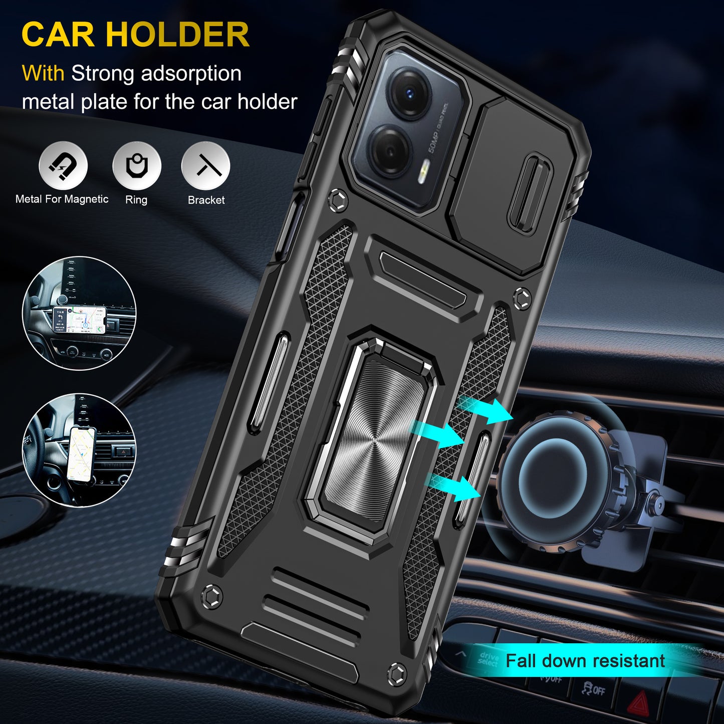 For Motorola Moto G53 5G Armor Series Slide Lens Protection Phone Case PC + TPU Kickstand Cover