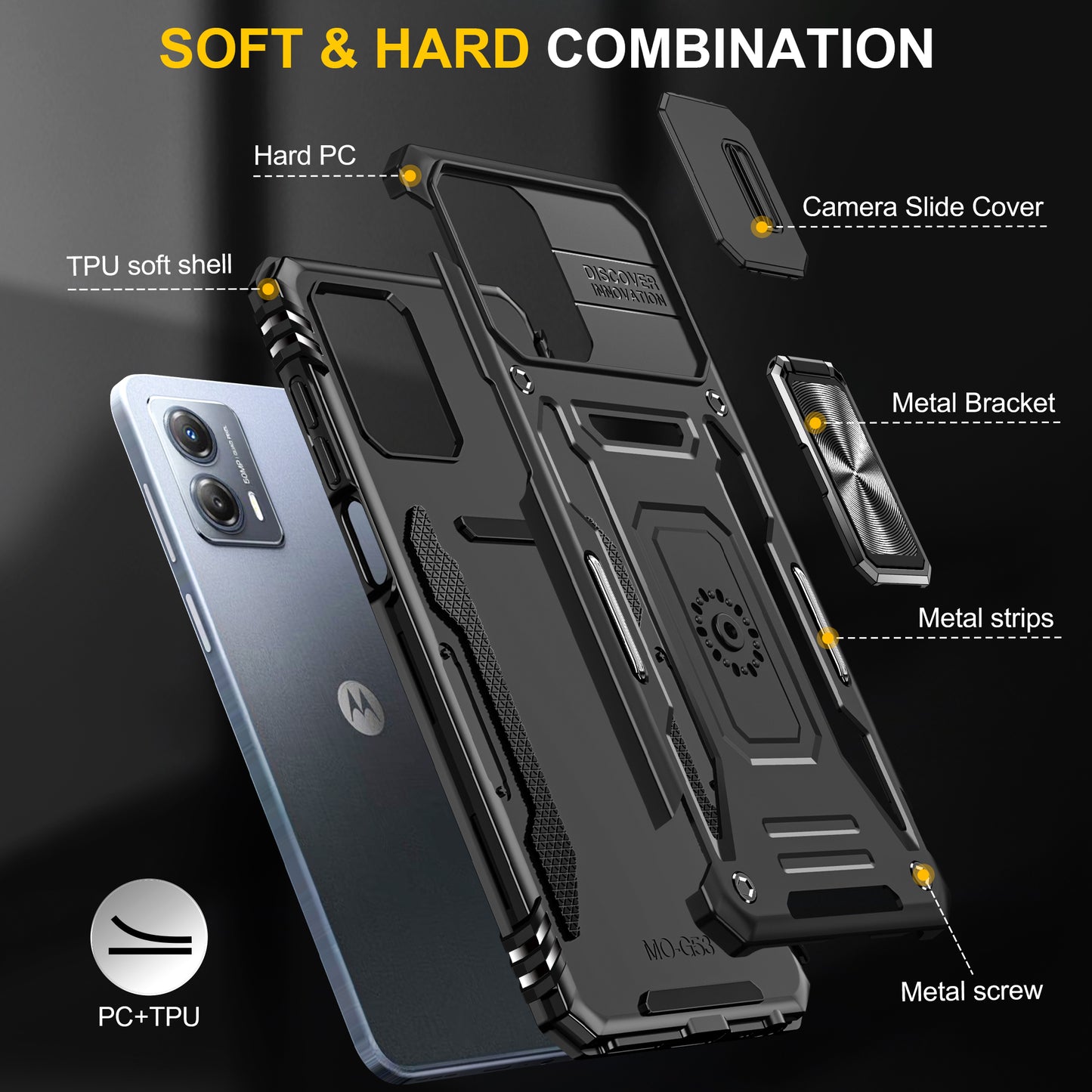 For Motorola Moto G53 5G Armor Series Slide Lens Protection Phone Case PC + TPU Kickstand Cover
