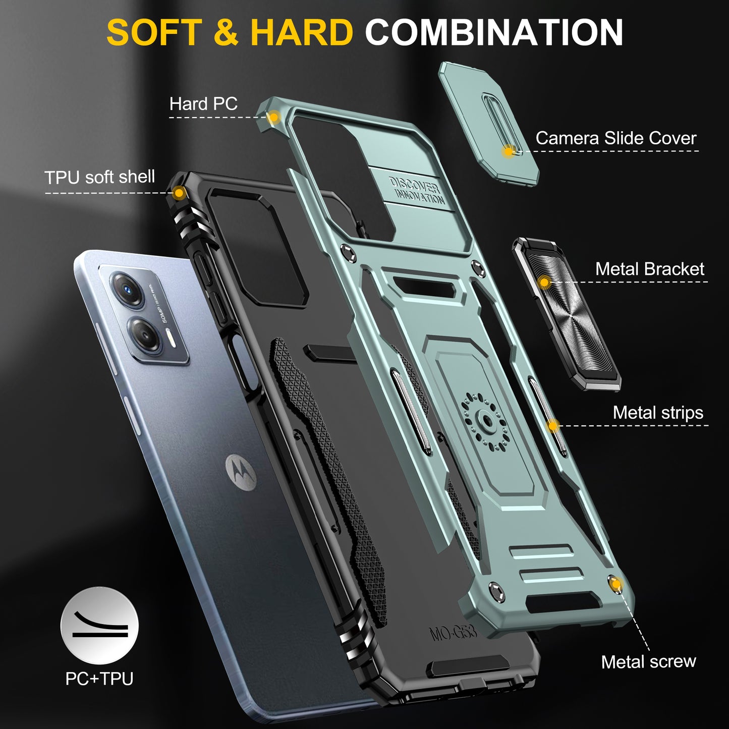 For Motorola Moto G53 5G Armor Series Slide Lens Protection Phone Case PC + TPU Kickstand Cover