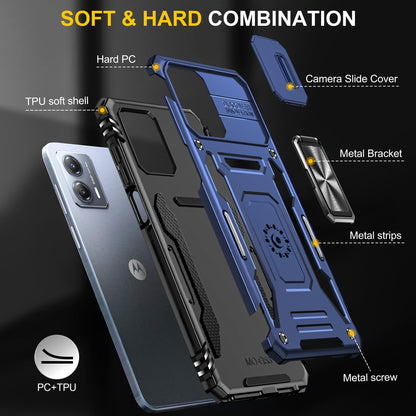 For Motorola Moto G53 5G Armor Series Slide Lens Protection Phone Case PC + TPU Kickstand Cover