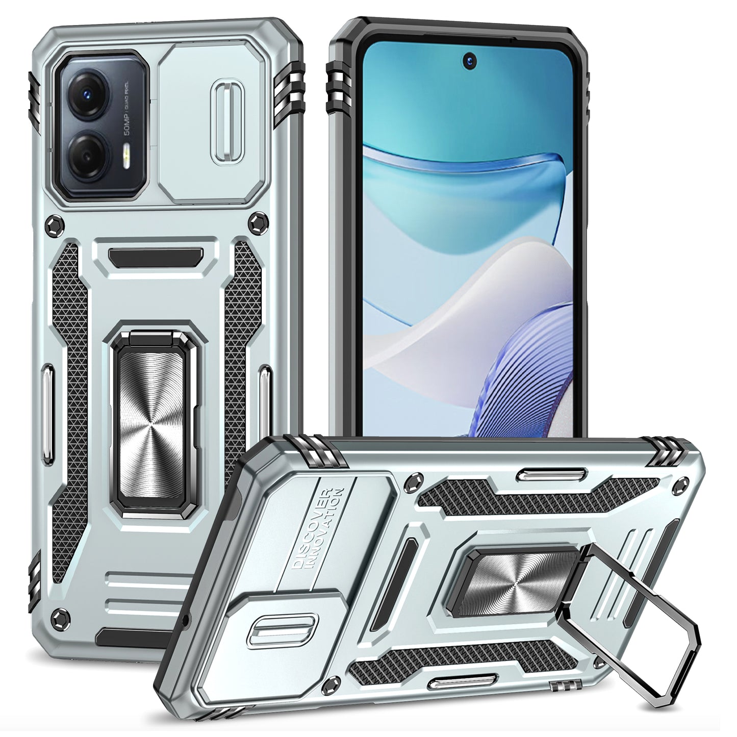 For Motorola Moto G53 5G Armor Series Slide Lens Protection Phone Case PC + TPU Kickstand Cover