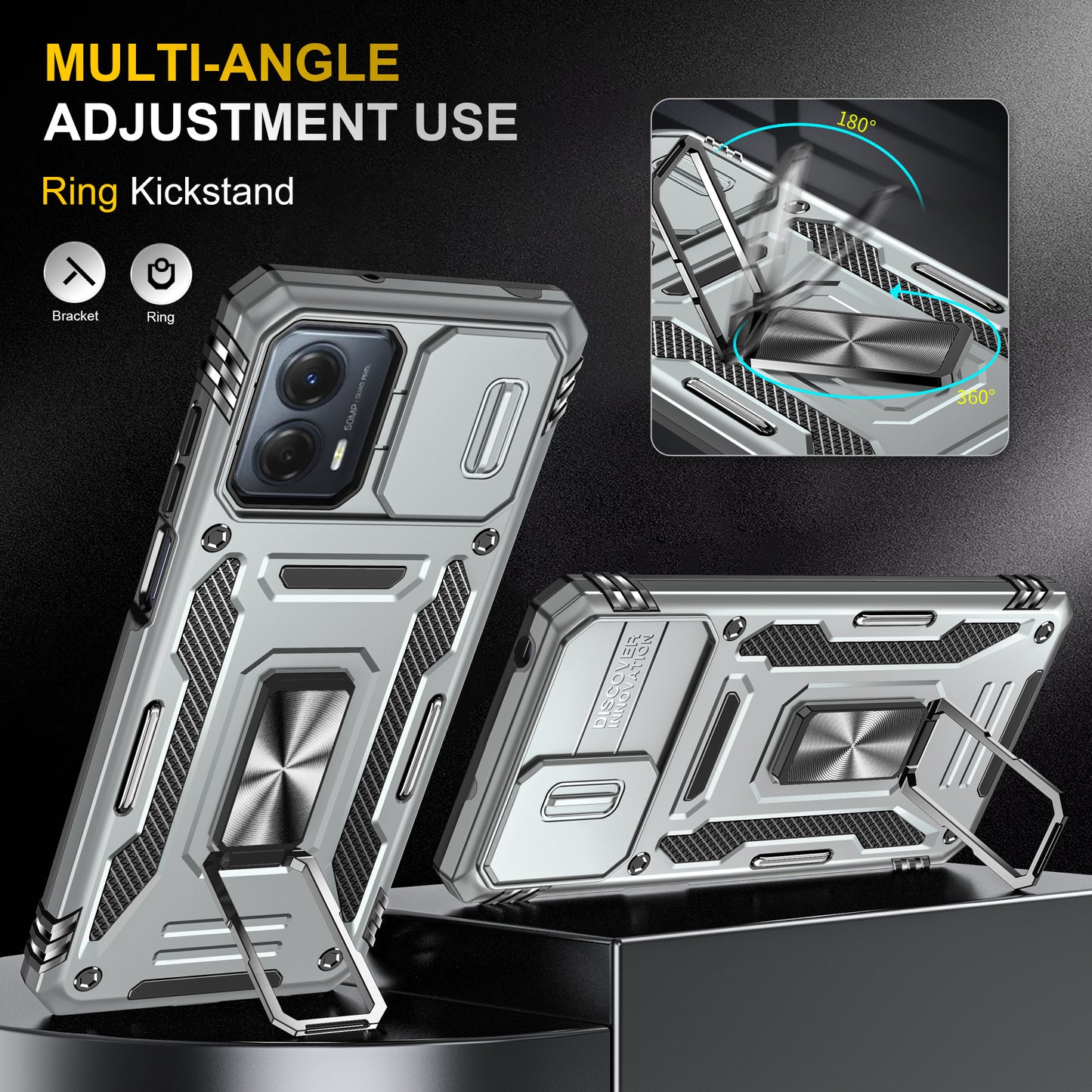 For Motorola Moto G53 5G Armor Series Slide Lens Protection Phone Case PC + TPU Kickstand Cover