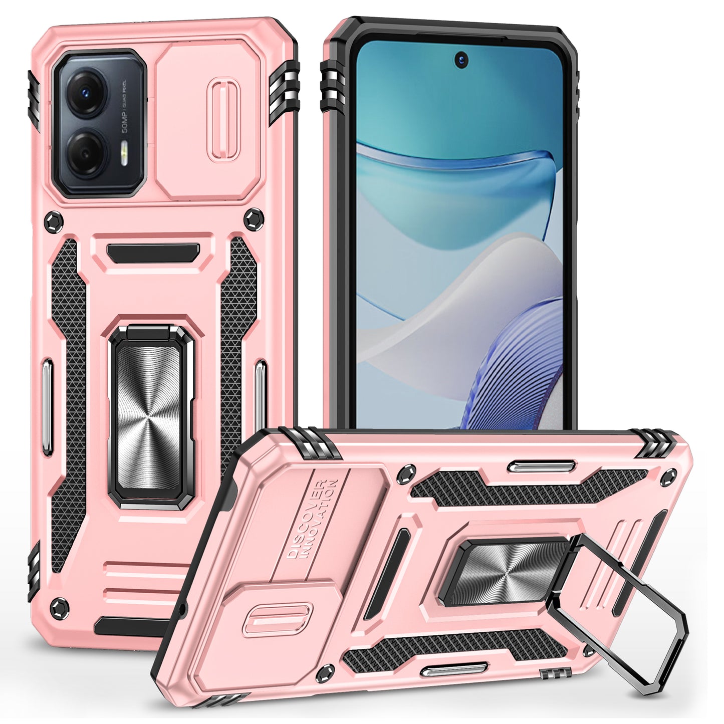 For Motorola Moto G53 5G Armor Series Slide Lens Protection Phone Case PC + TPU Kickstand Cover