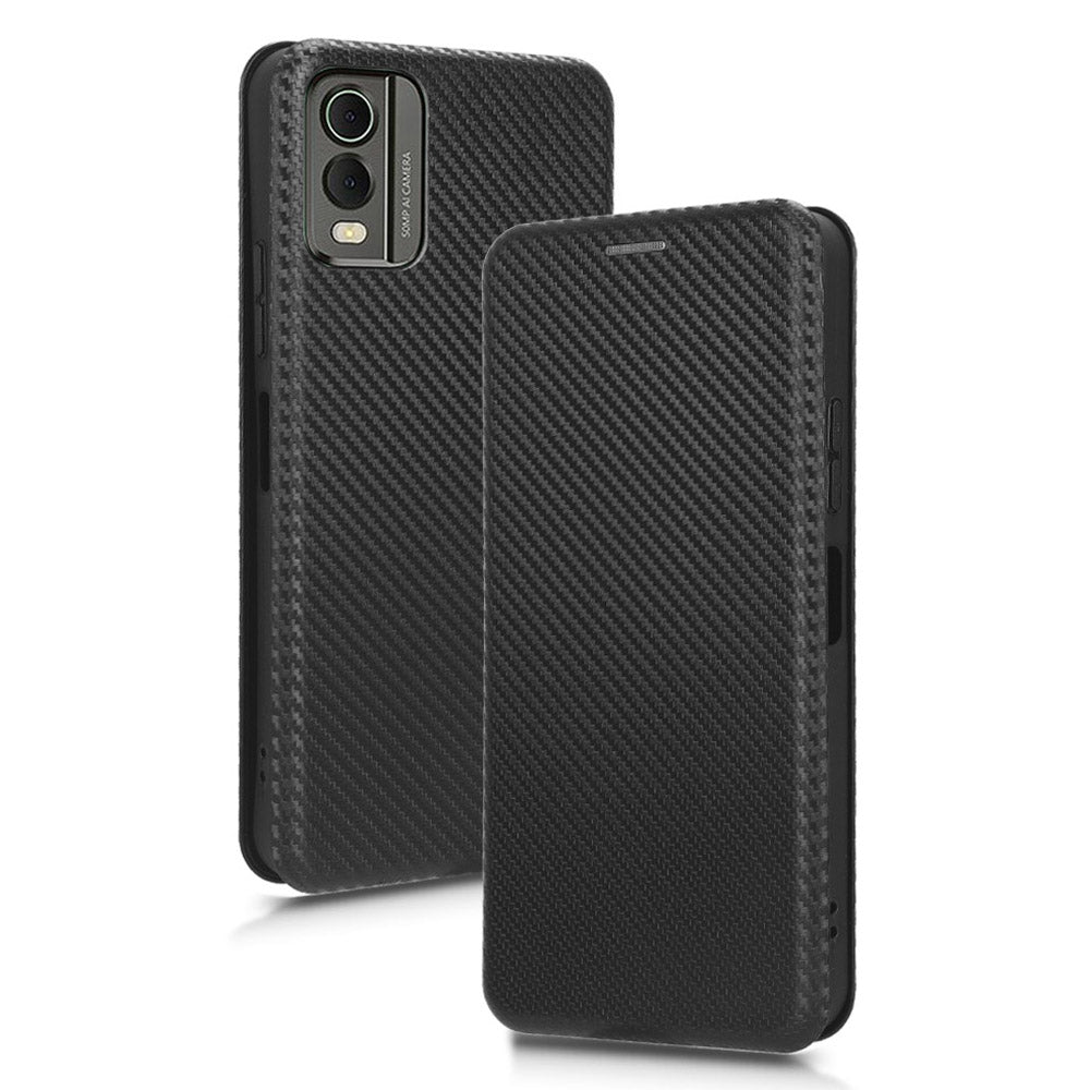 For Nokia C32 PU Leather Carbon Fiber Texture Cover Card Holder Stand Phone Case